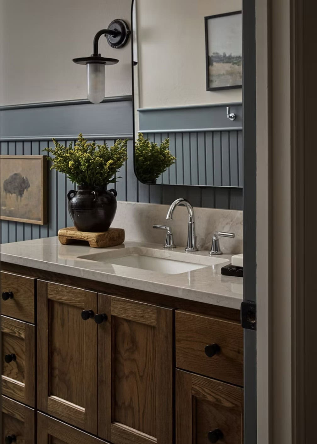 Kids Bathroom Vanity with Blue Shiplap and Black Sconce