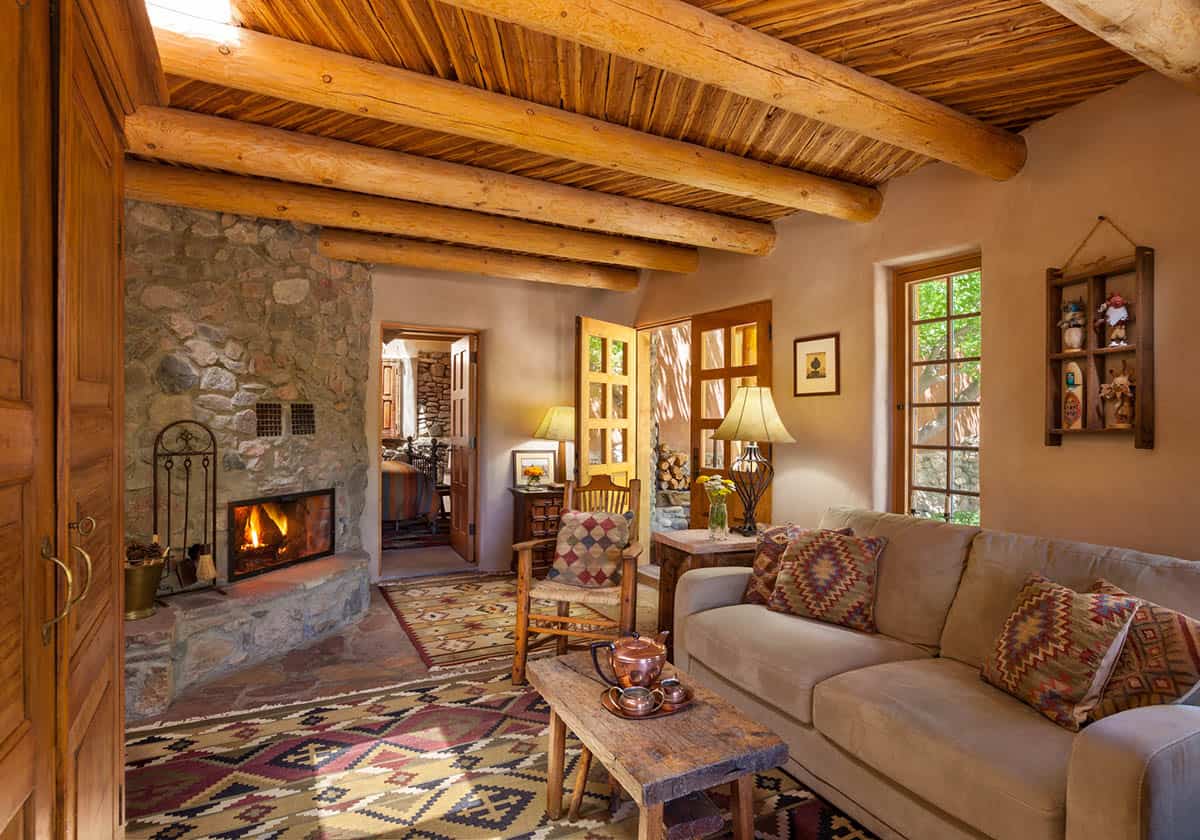 santa fe style living room with a fireplace