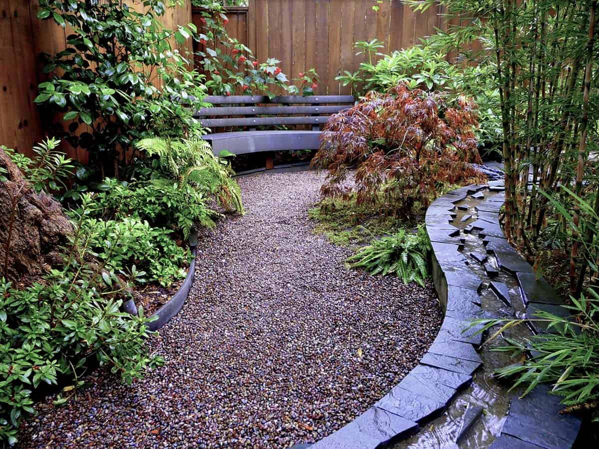 A Japanese-inspired shaded sensory garden in San Francisco with a gravel path, slate water stream, curved bench, Japanese maple, bamboo, and ferns against a wood fence