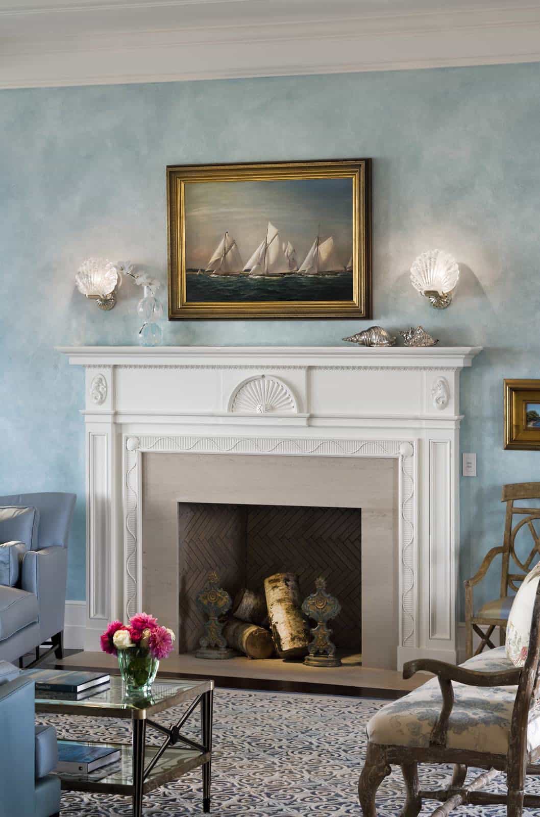 Coastal living room with a fireplace detail