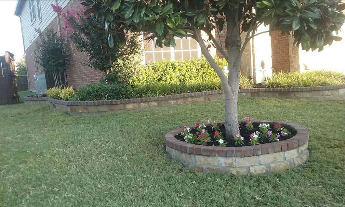 Mortared brick and stone circular tree ring with pink and white flowers in a Dallas, Texas front yard