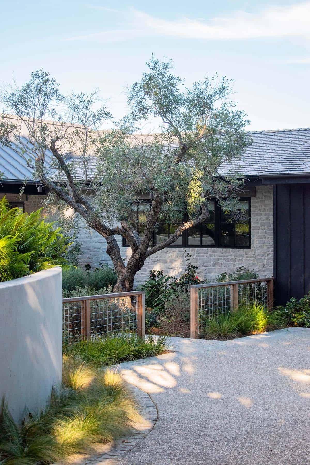 Exterior of a traditional coastal home with stone facade, olive tree, ornamental grasses, and gravel driveway