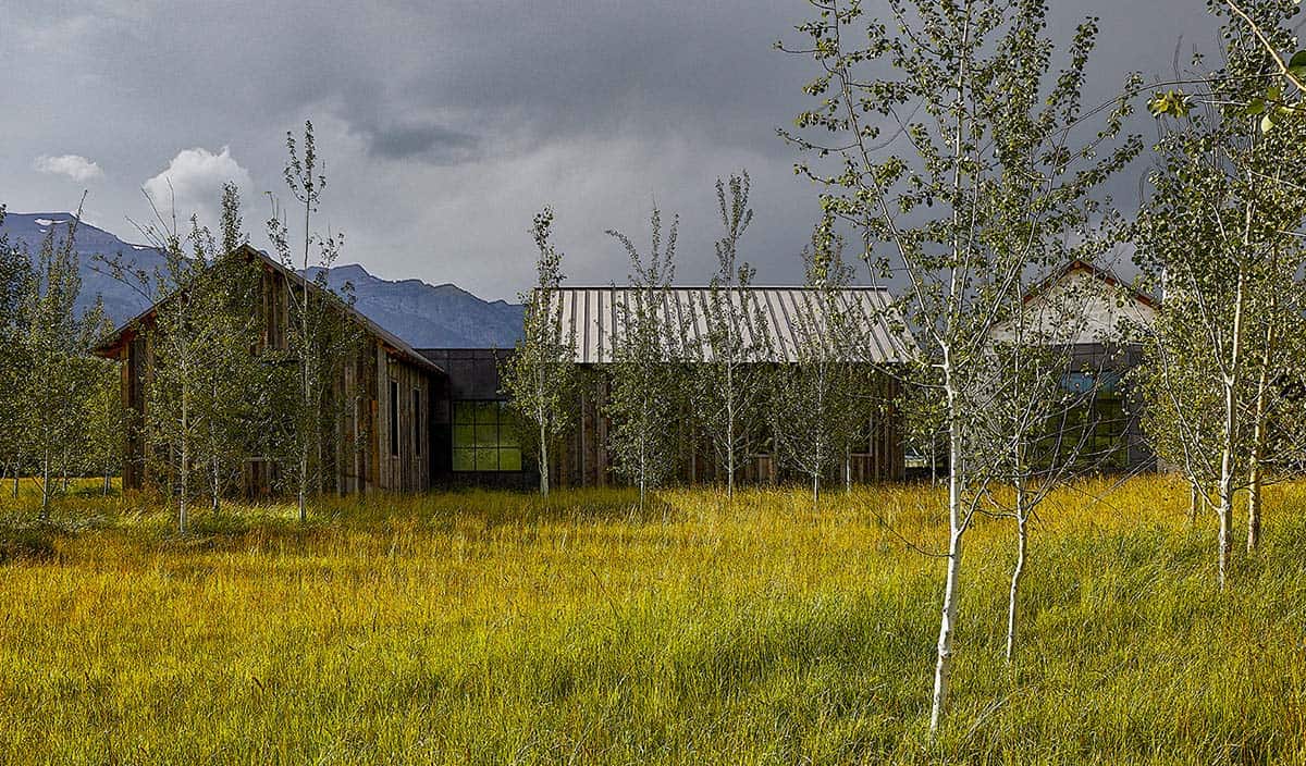 Reclaimed barn wood exterior with steel roof, steel-frame windows, and aspens in golden meadow under stormy sky