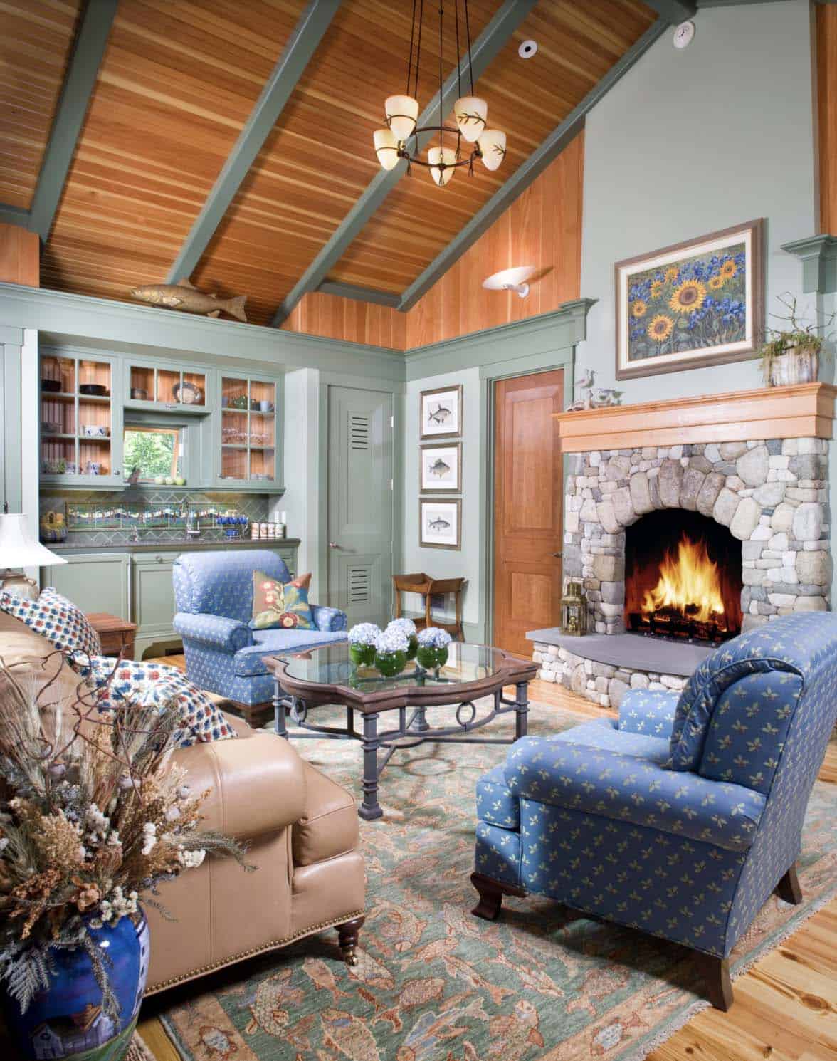 transitional style guest house living room with a fireplace