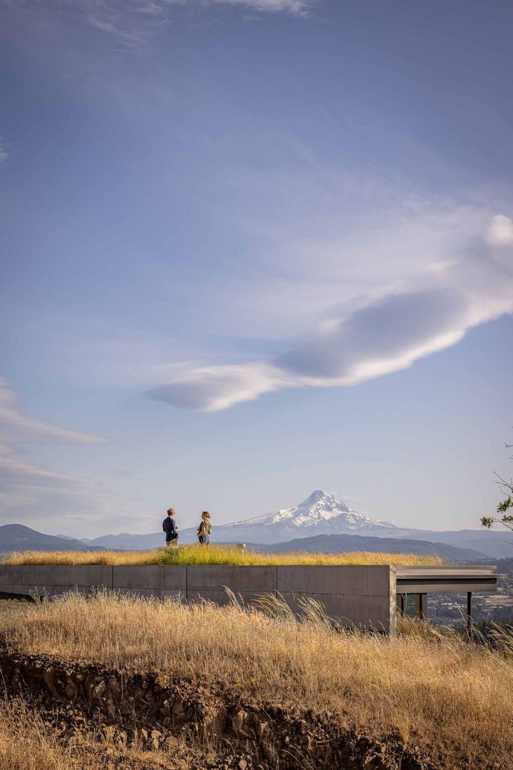 Two people standing on a grass-covered green roof overlooking a snow-capped mountain and valley
