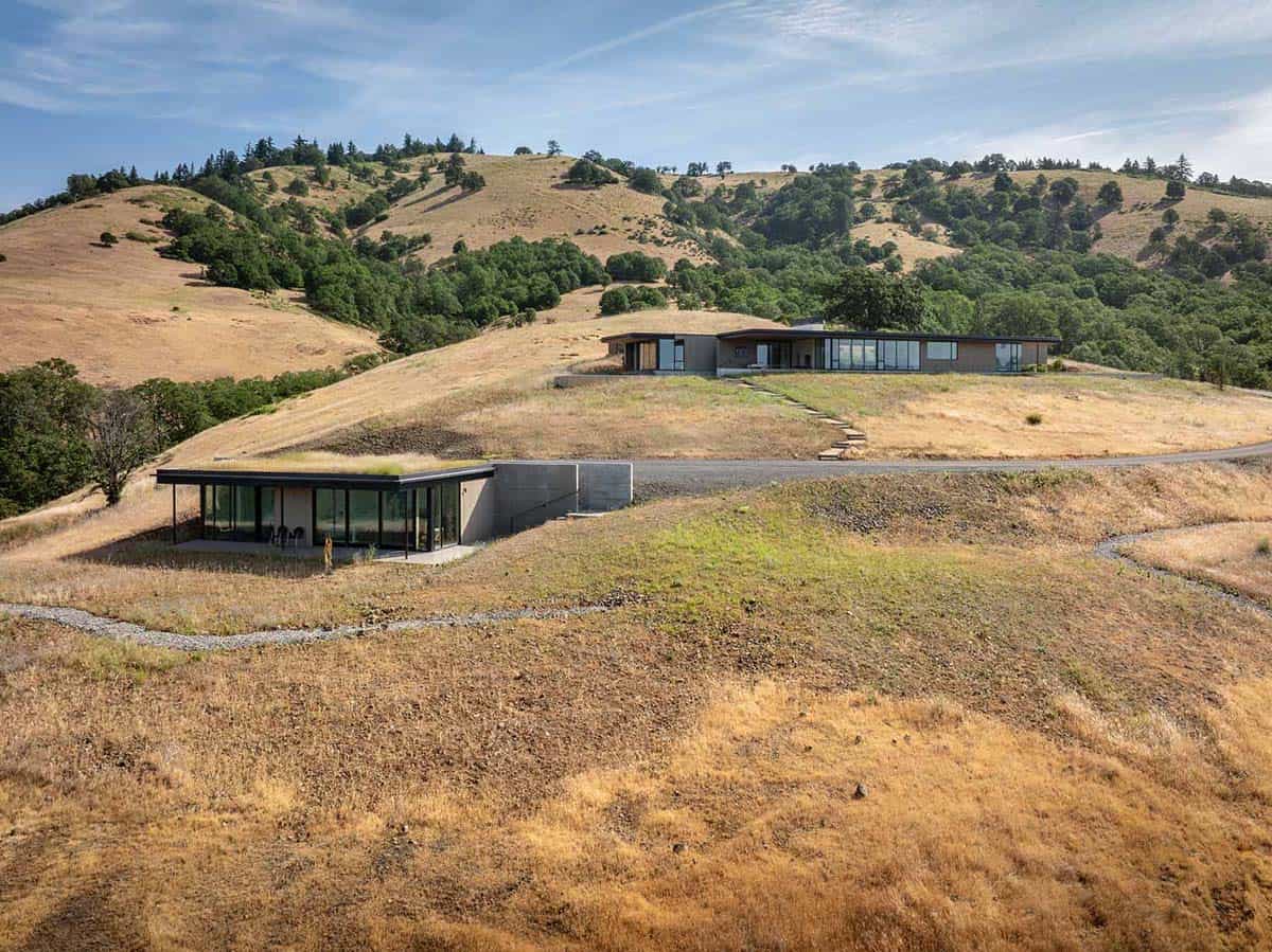 Aerial view of two modern concrete and glass pavilions set into a golden hillside