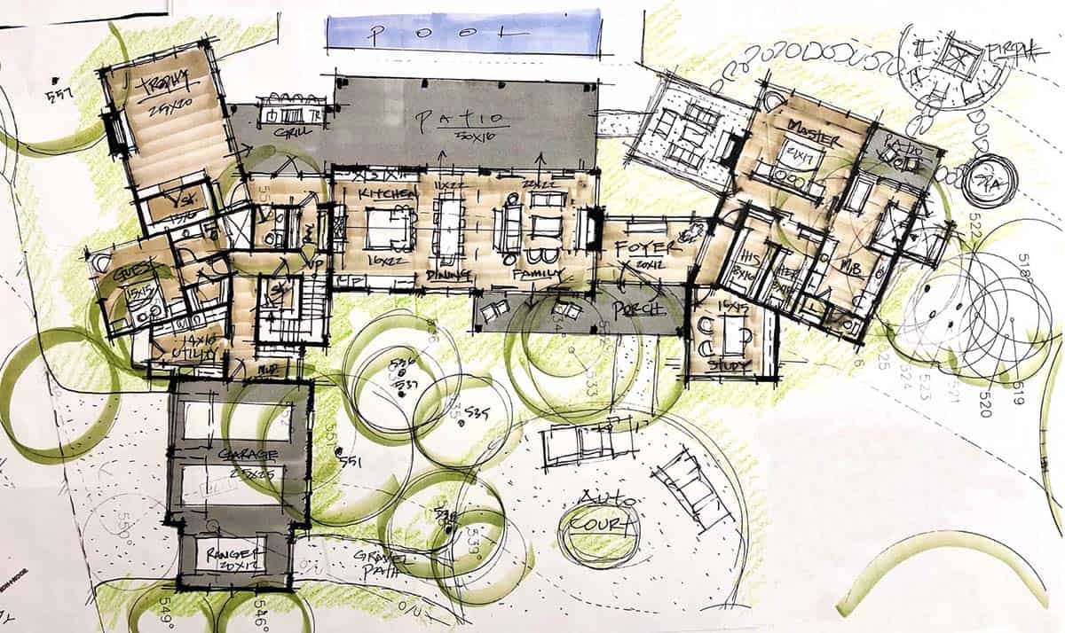 Hand-drawn architectural floor plan sketch of Cypress Valley Ranch, Round Mountain Texas