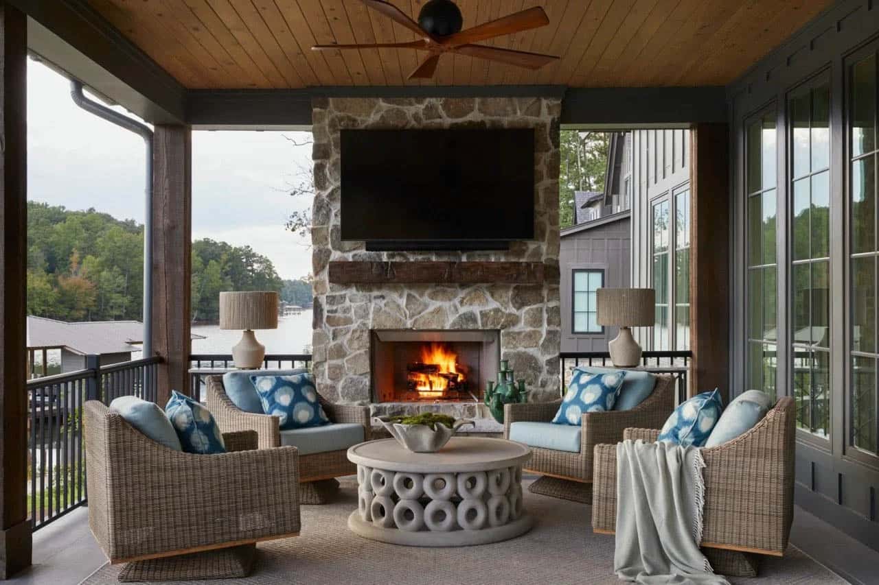 Covered lakeside porch with wicker chairs, stone fireplace, mounted TV, and glowing fire at dusk
