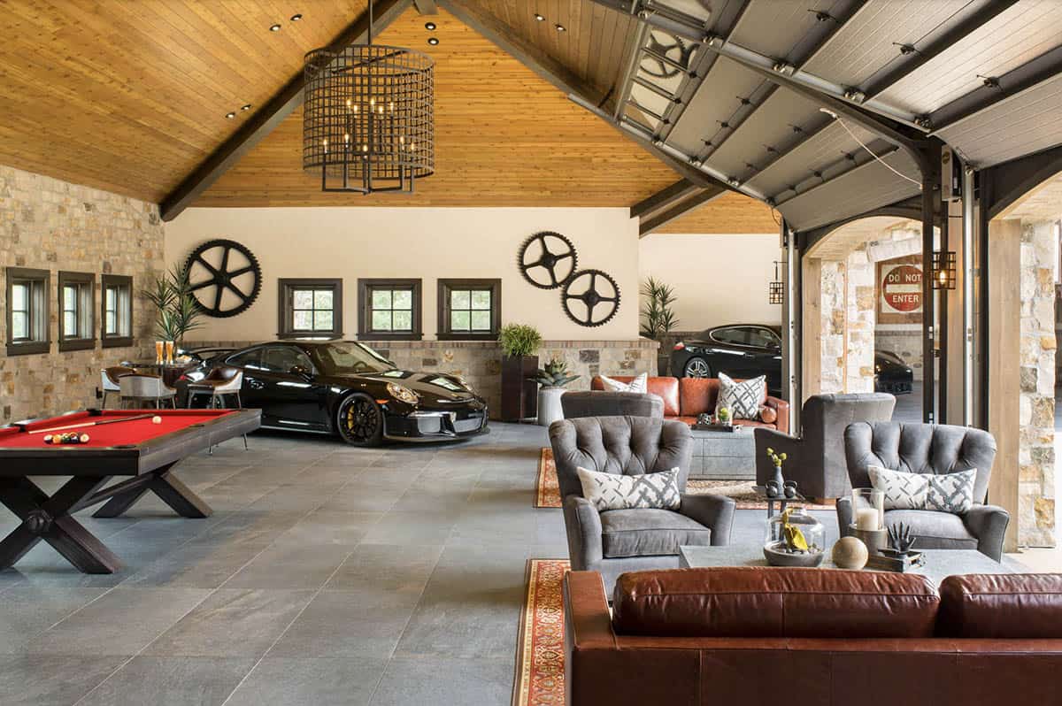 13-car garage entertaining space with Porsche, pool table, and lounge seating