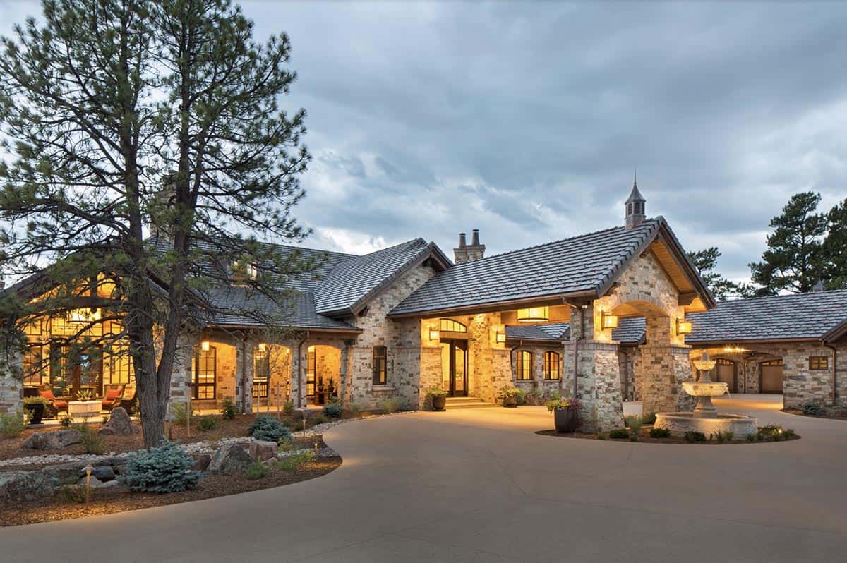 Wide-angle exterior front view of Happy Canyon Pavilion at dusk with circular driveway