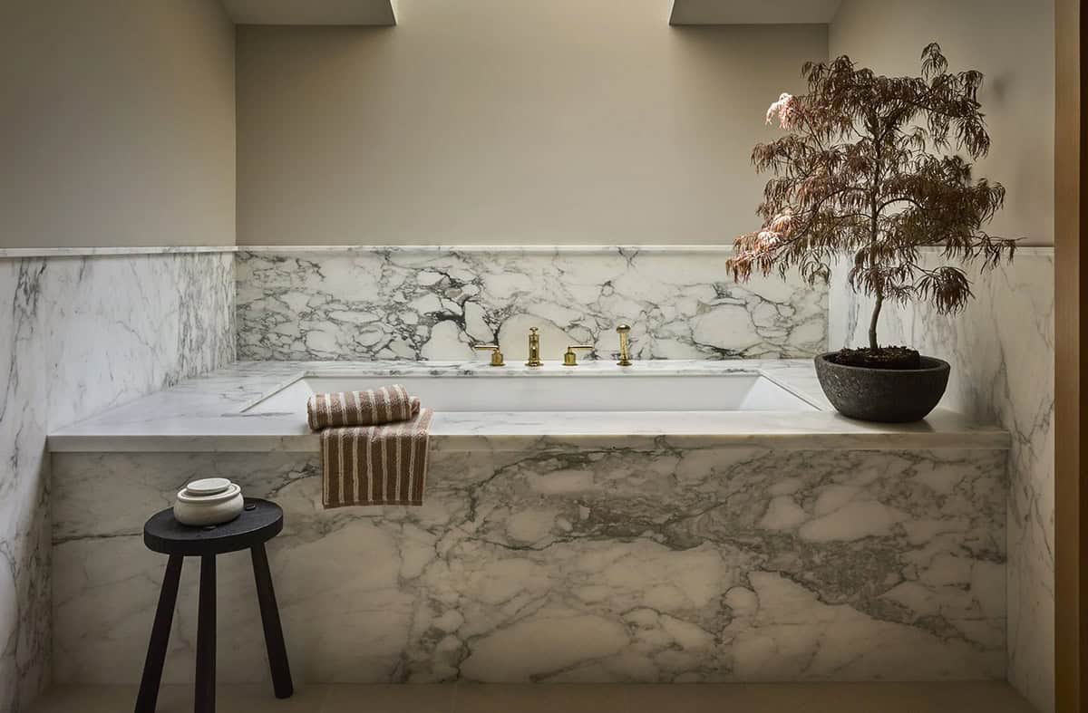 Marble soaking tub with brass fixtures and potted Japanese maple