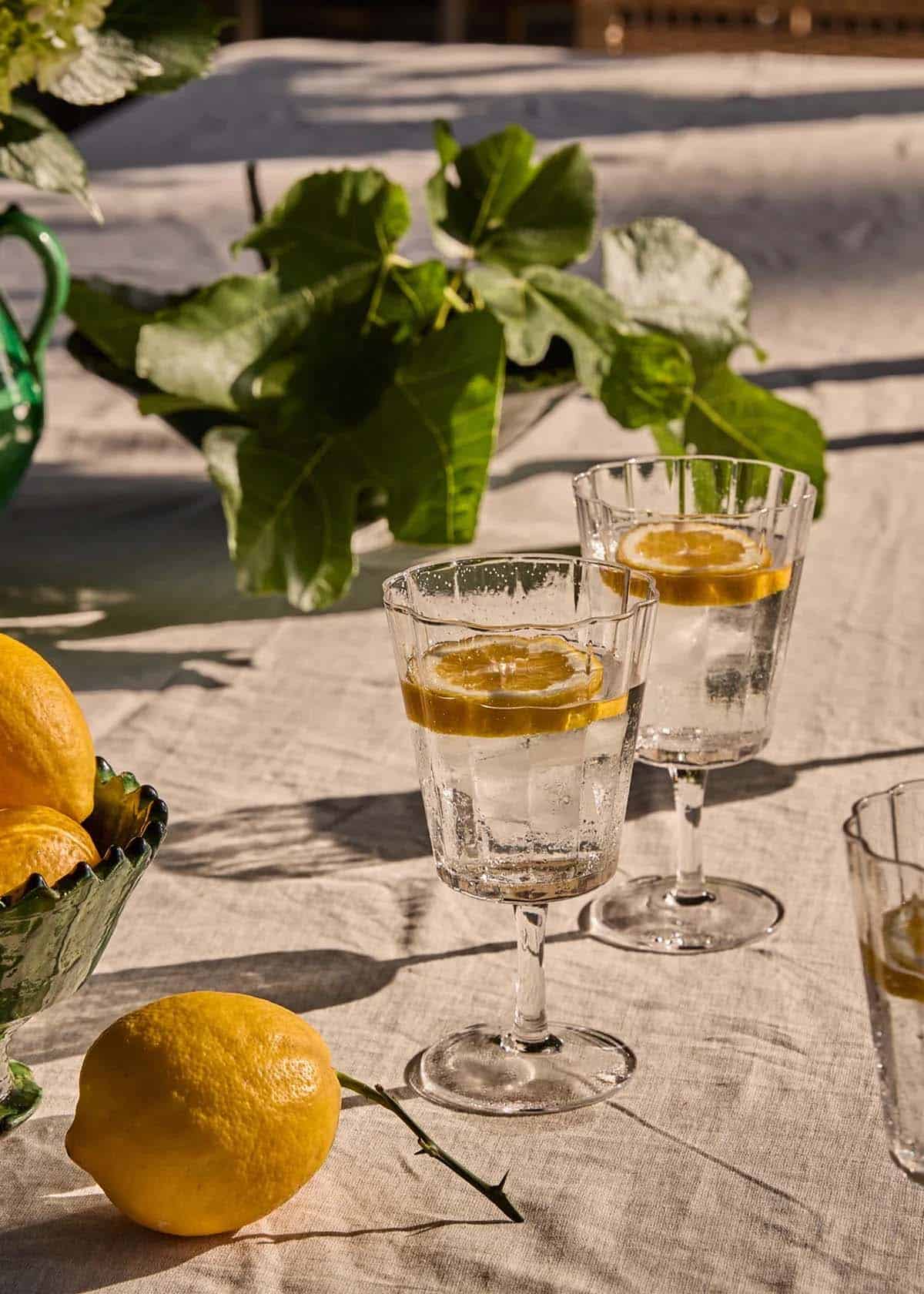 Outdoor table setting with lemon water and fig leaves under pergola