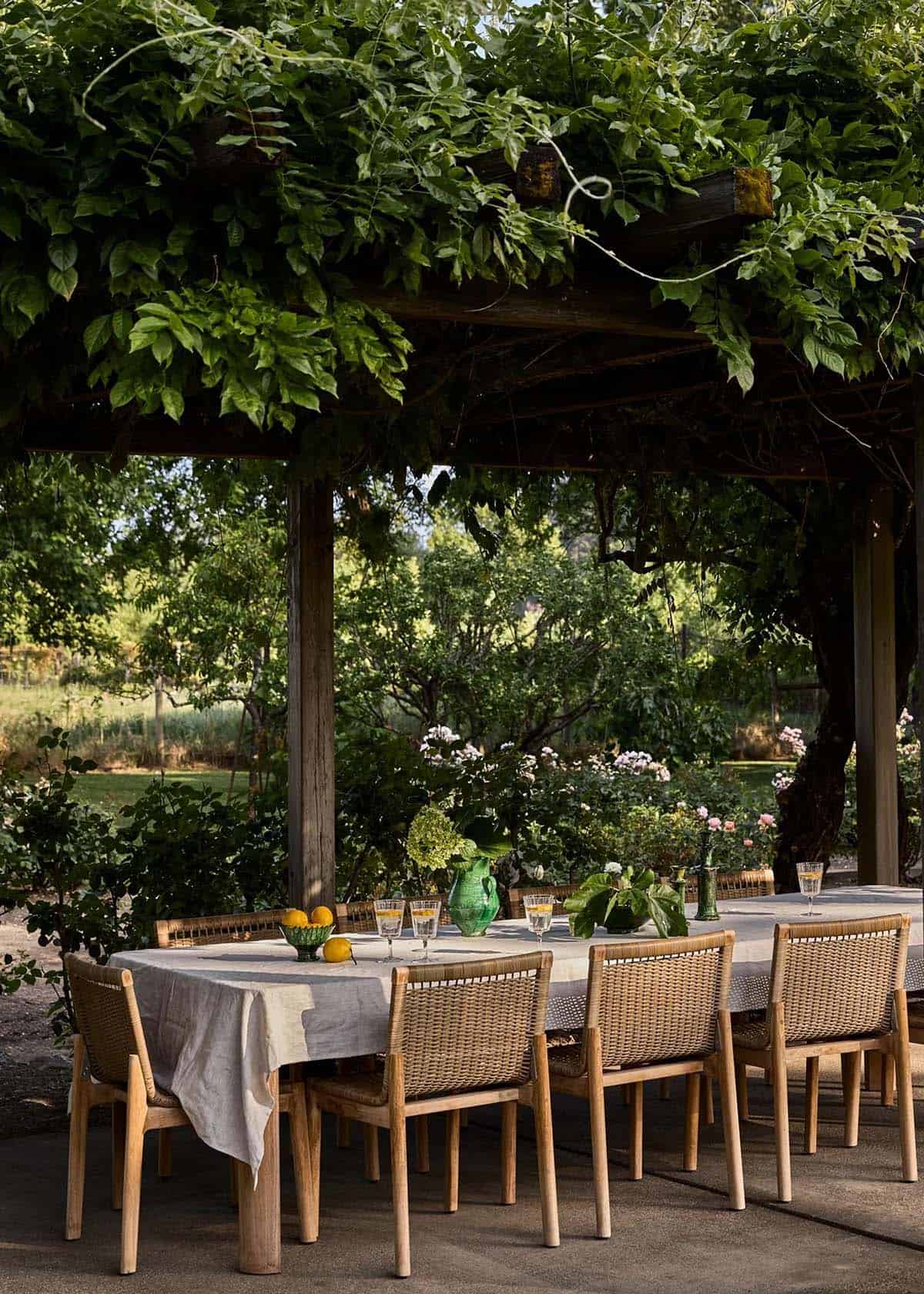 Vine-covered pergola with long outdoor dining table and wicker chairs
