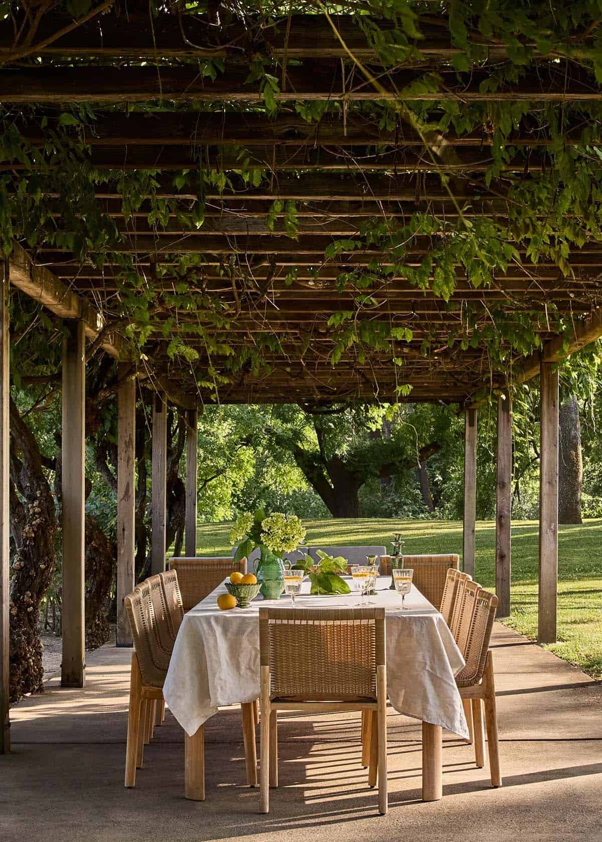 Outdoor dining table set under wisteria pergola with orchard backdrop