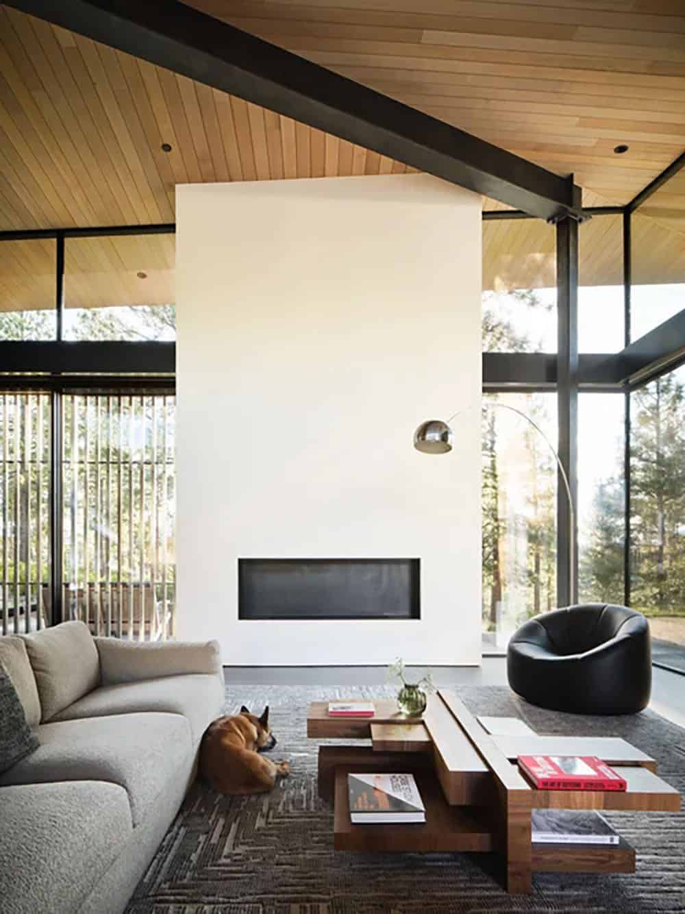 Living room with white fireplace, wood ceiling, floor-to-ceiling glass walls, and a dog resting on the rug