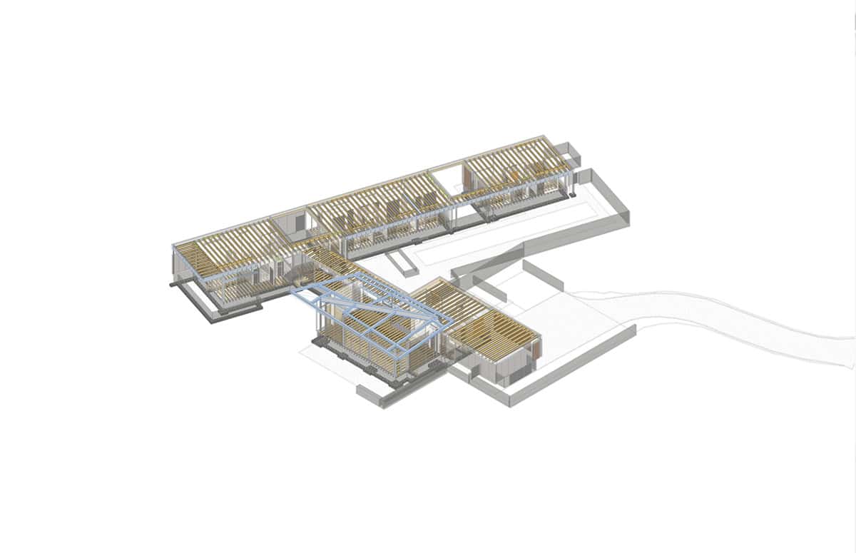 Axonometric architectural drawing showing timber roof framing and steel framework of the home's two wings