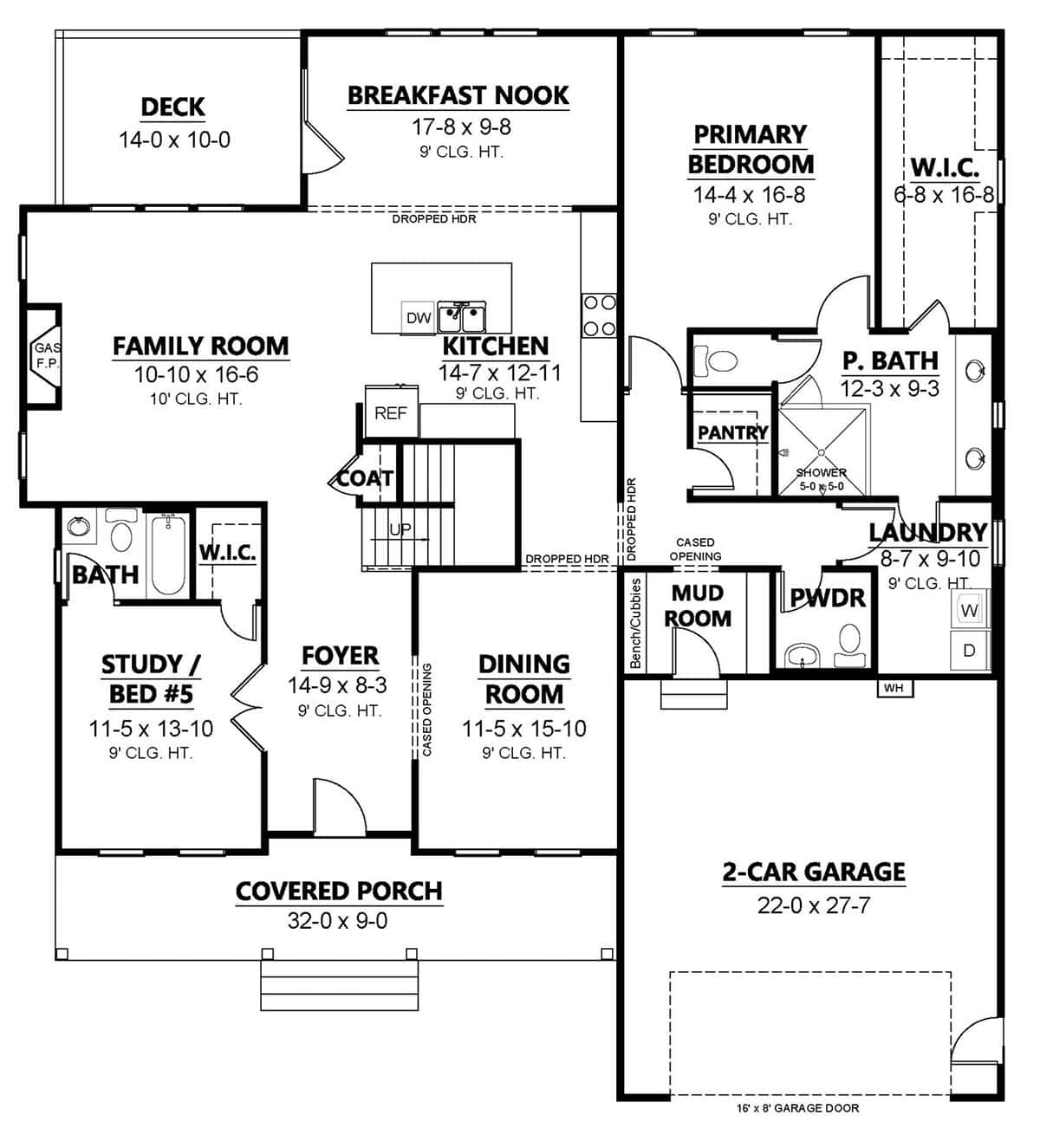 First floor house plan showing primary bedroom, kitchen, dining room, family room, mudroom, and two-car garage