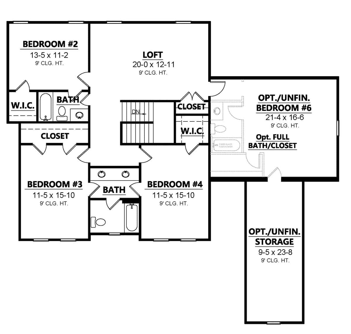Second floor house plan showing four bedrooms, loft, two bathrooms, and optional bedroom six with storage