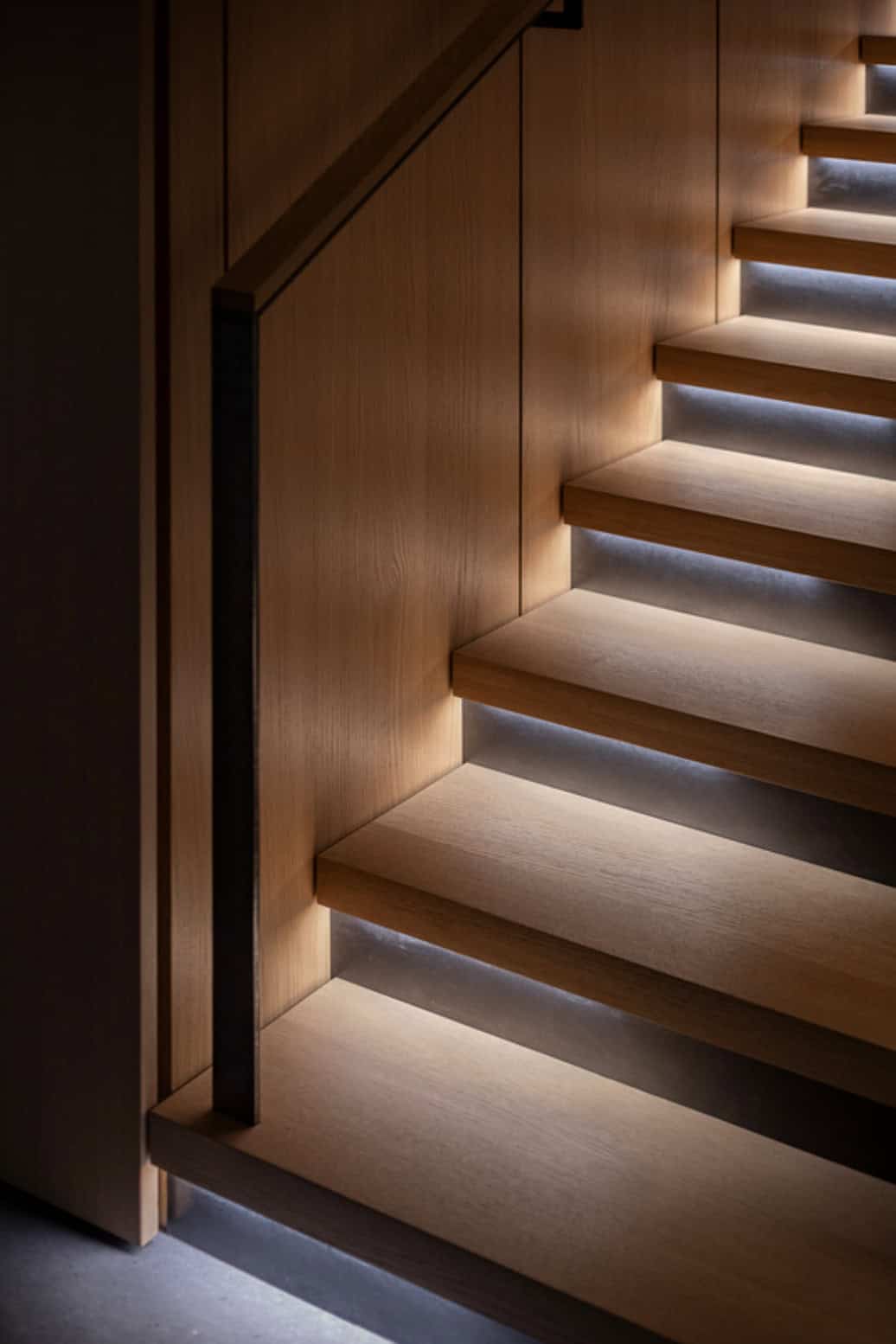 Close-up of oak staircase with under-step LED lighting creating a warm, sculptural glow