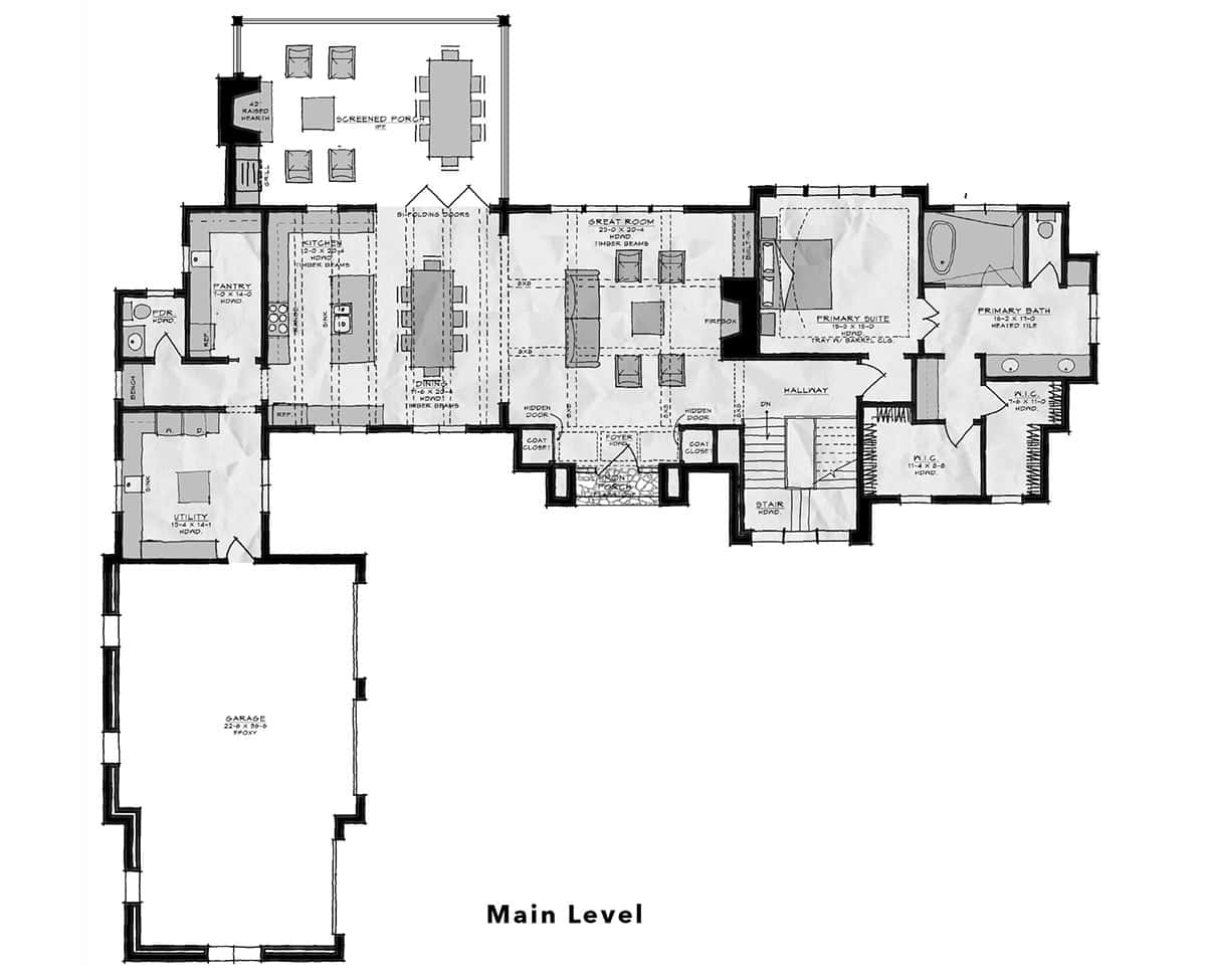 Main level floor plan showing kitchen, dining, great room, primary suite, and screened porch