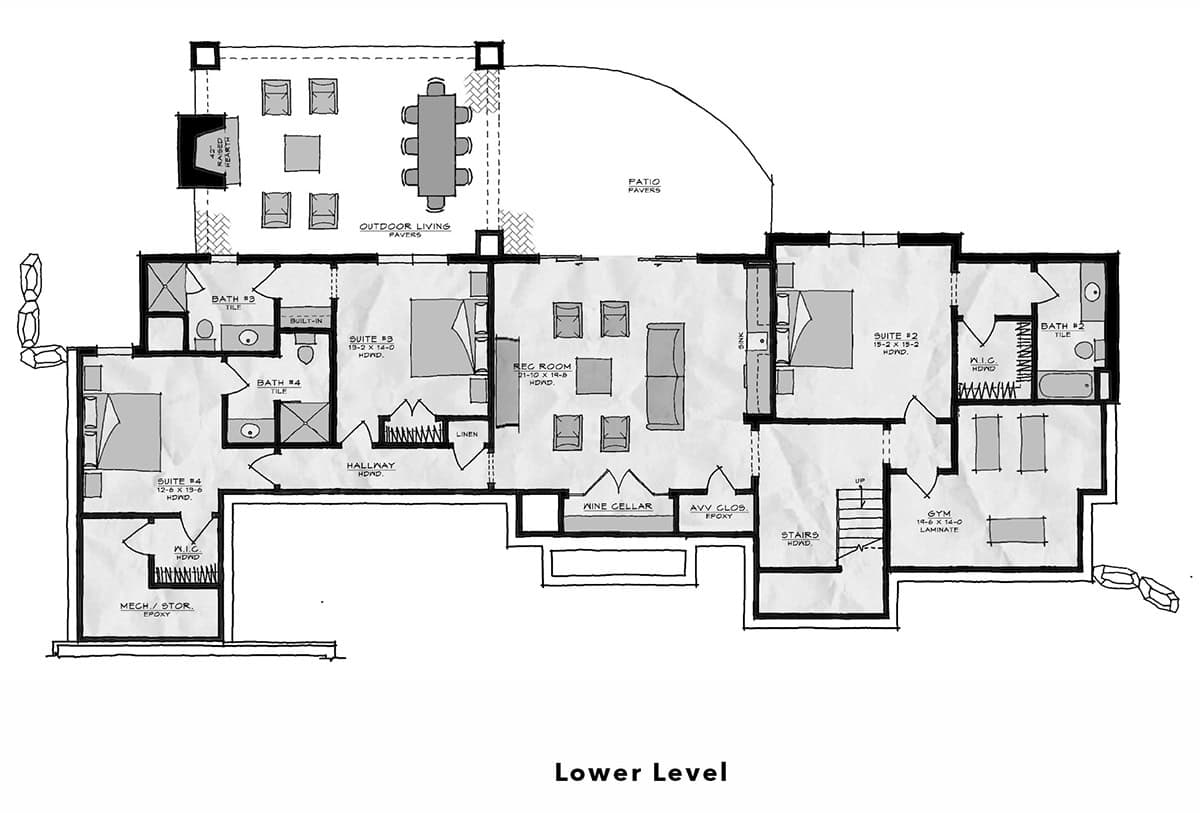 Lower level floor plan showing four suites, rec room, wine cellar, gym, and outdoor living