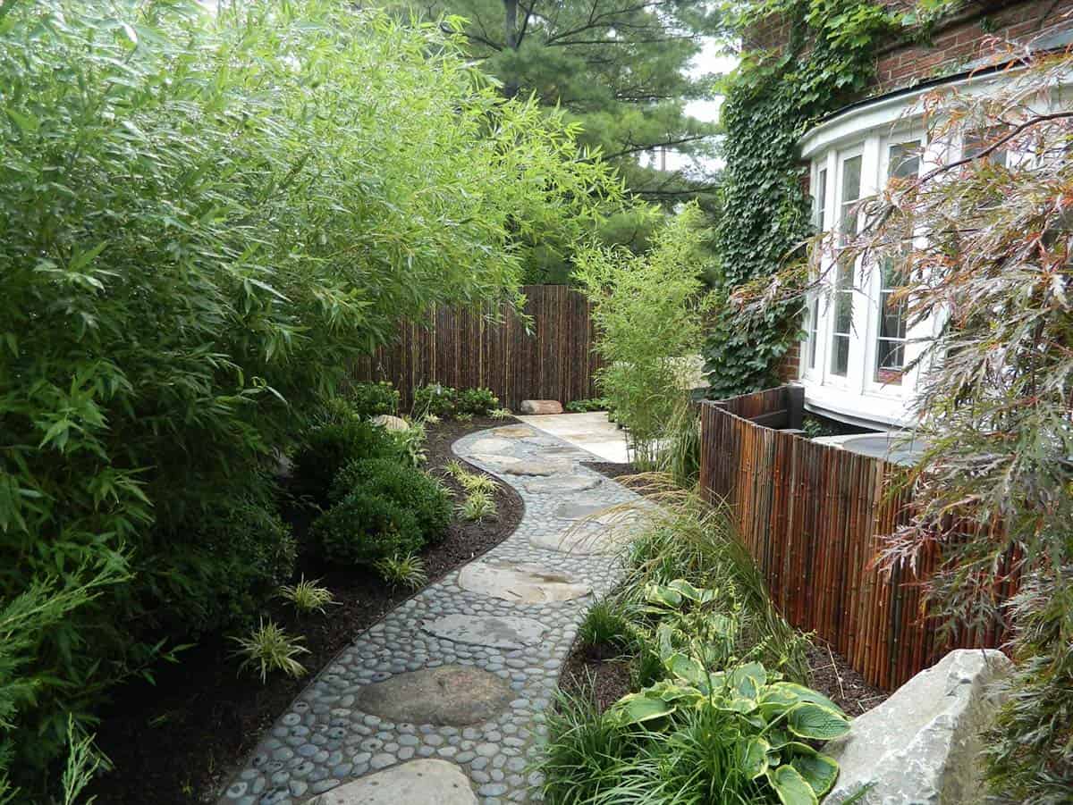 Winding pebble and flagstone path through a narrow garden with bamboo and a bamboo fence