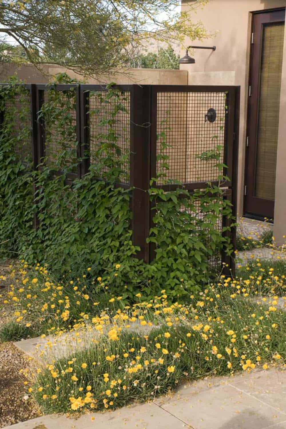 Outdoor shower enclosed by dark metal grid privacy panels with climbing vines and a carpet of yellow wildflowers in a Southwest garden