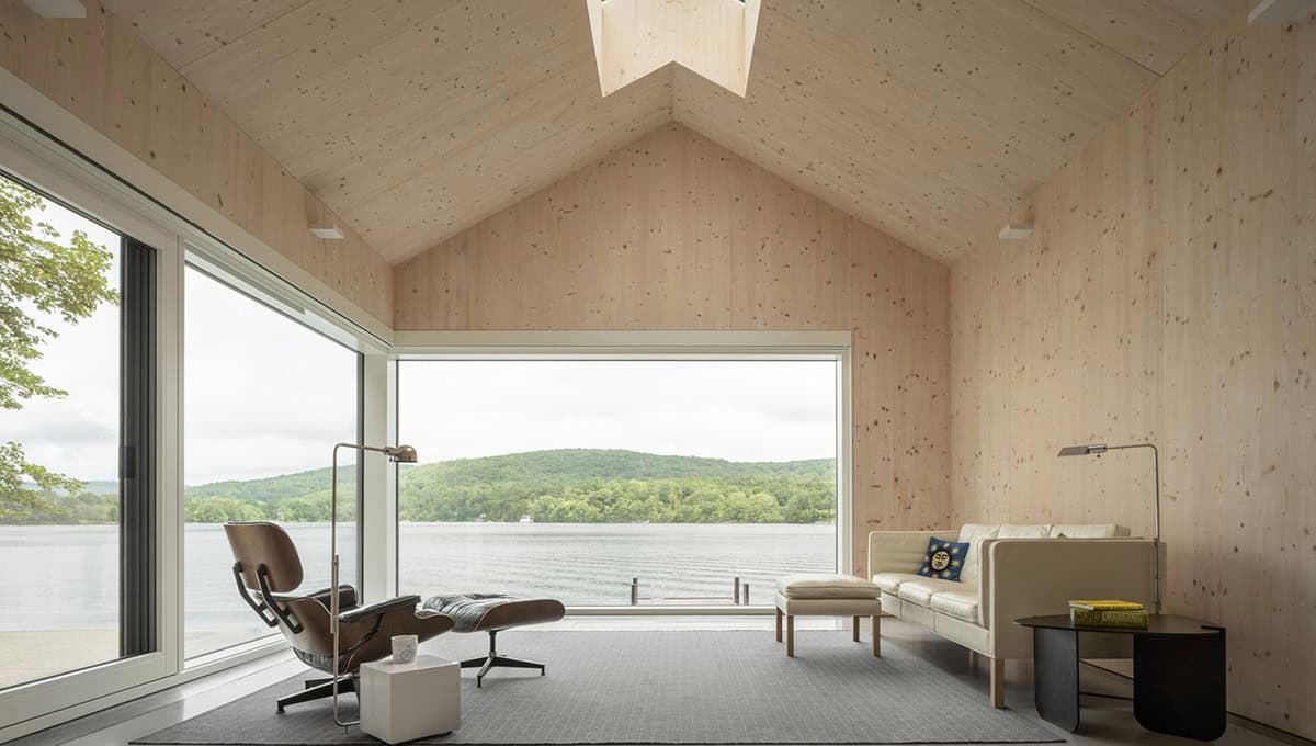 CLT interior living room with vaulted ceiling, skylight, Eames lounge chair, and lake views through floor-to-ceiling windows