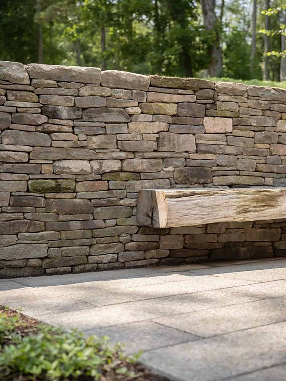 Dry-stacked stone retaining wall with a raw timber bench along the lakefront landscape