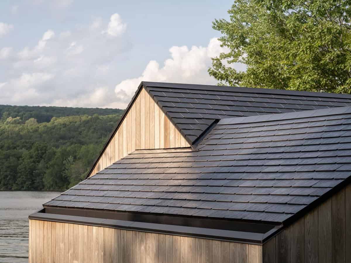 Dark slate roof detail with cedar cladding and triangular skylight cutout above the Connecticut lake