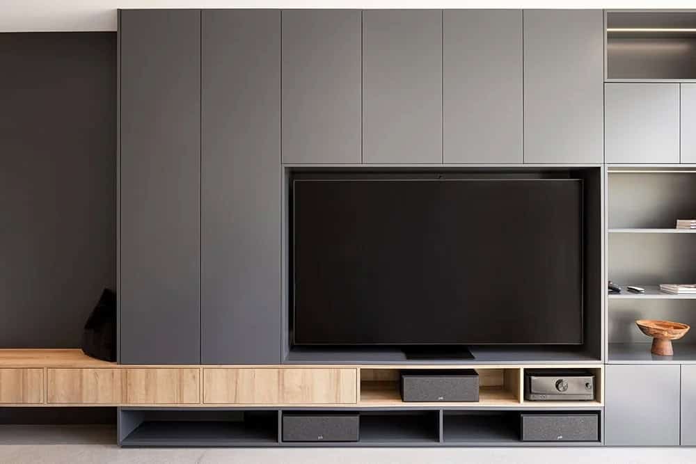 Built-in entertainment wall with floor-to-ceiling grey cabinetry, recessed TV, and wood lower cabinet