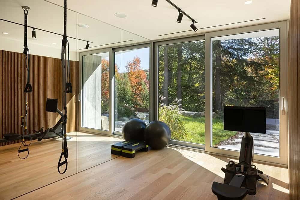 Home gym with TRX straps, exercise balls, mirrored wall, wood slat accent, and garden views