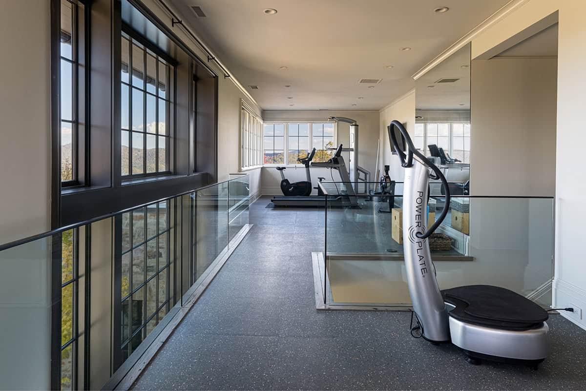 Home gym with rubber flooring, floor-to-ceiling black-framed grid windows with mountain views, a Power Plate vibration trainer, treadmill, stationary bike, and a mirrored wall