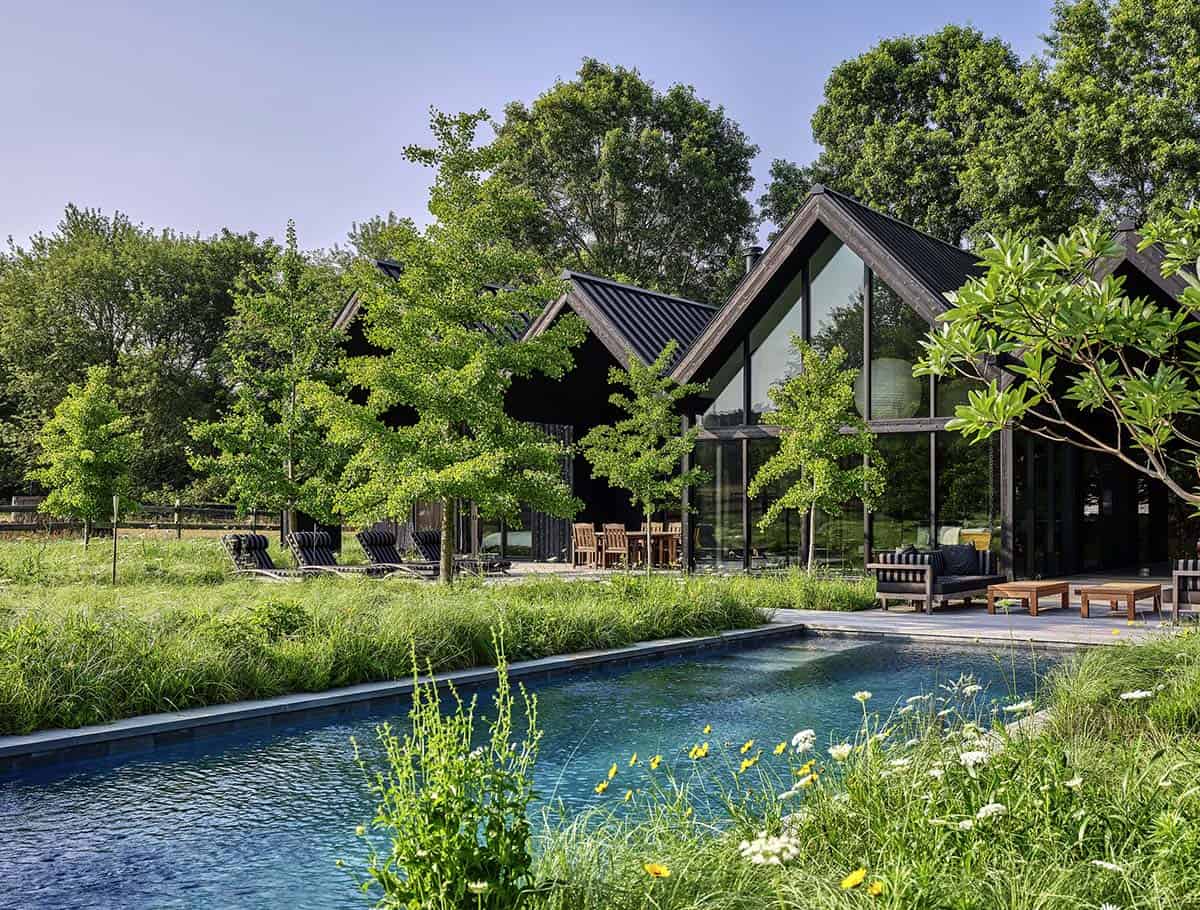 Pool framed by young trees with the black gabled house and outdoor seating visible behind