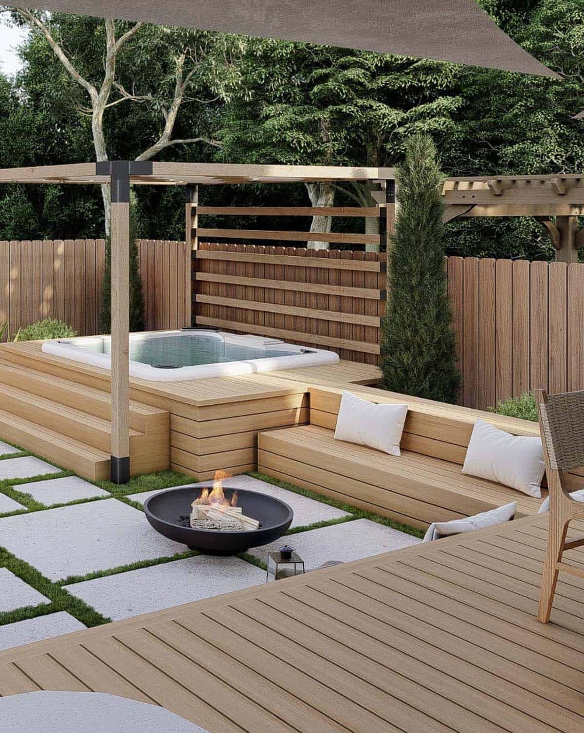 A raised wood deck hot tub with built-in bench seating, a pergola, and a fire pit in a Richmond, Virginia backyard