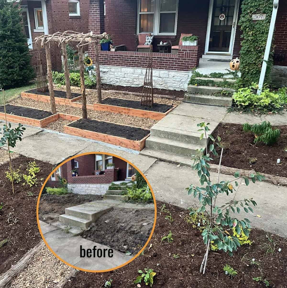 Before and after front yard transformation with two tiered cedar raised beds rustic arbor and wood chip pathways replacing a steep sloped lawn