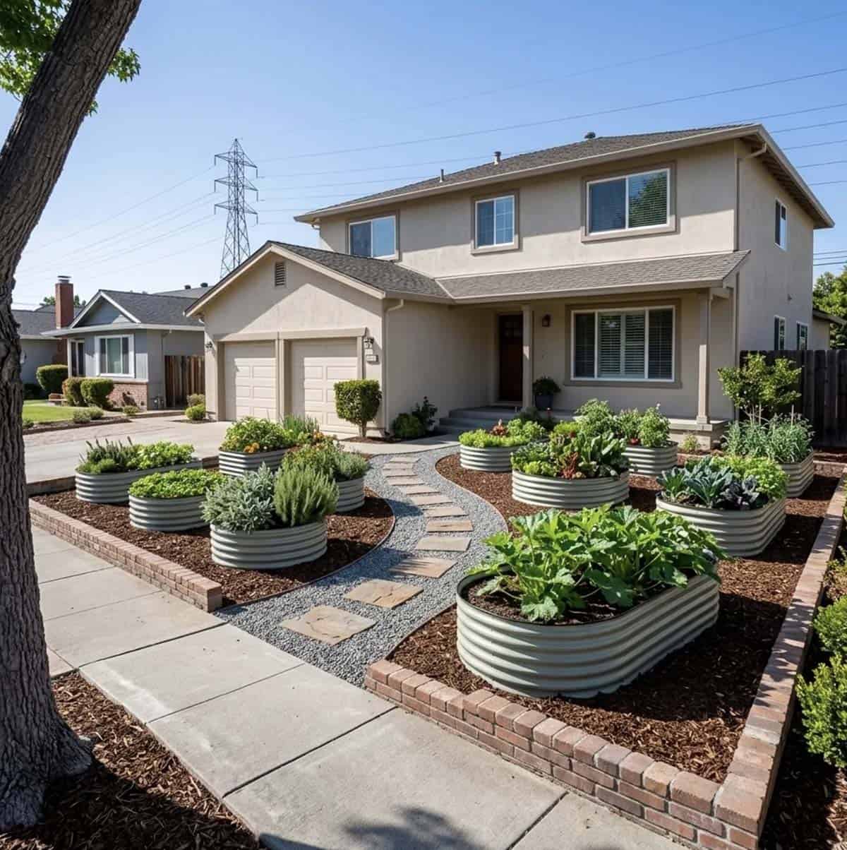 Galvanized oval raised beds planted with vegetables and herbs arranged along a winding gravel and flagstone path with brick border edging