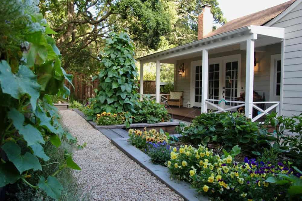 Raised redwood kitchen garden beds with pansies climbing beans and gravel paths alongside a white farmhouse porch