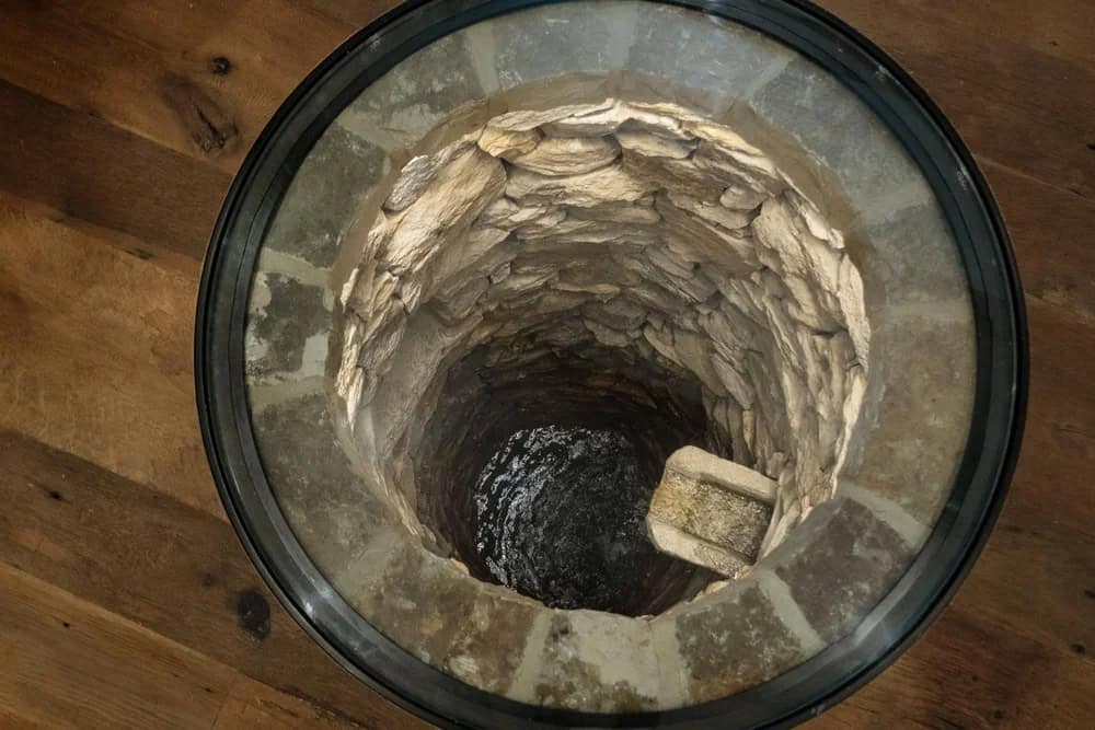 Glass-covered well shaft built into wood floor, showing stone-lined interior
