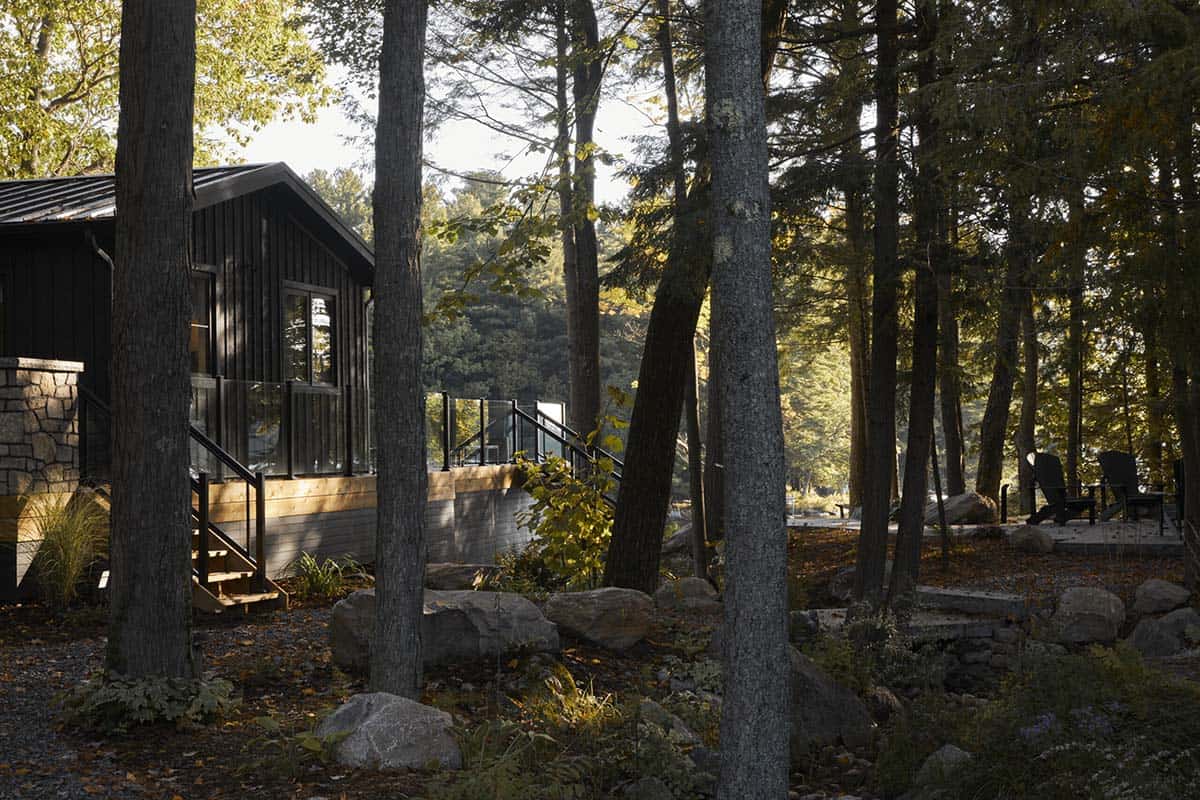 Black cottage exterior framed by tall pine trees with deck and adirondack chairs