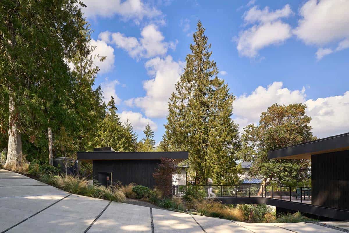 Accessory building and bridge link at Layer House, framed by tall coastal evergreens