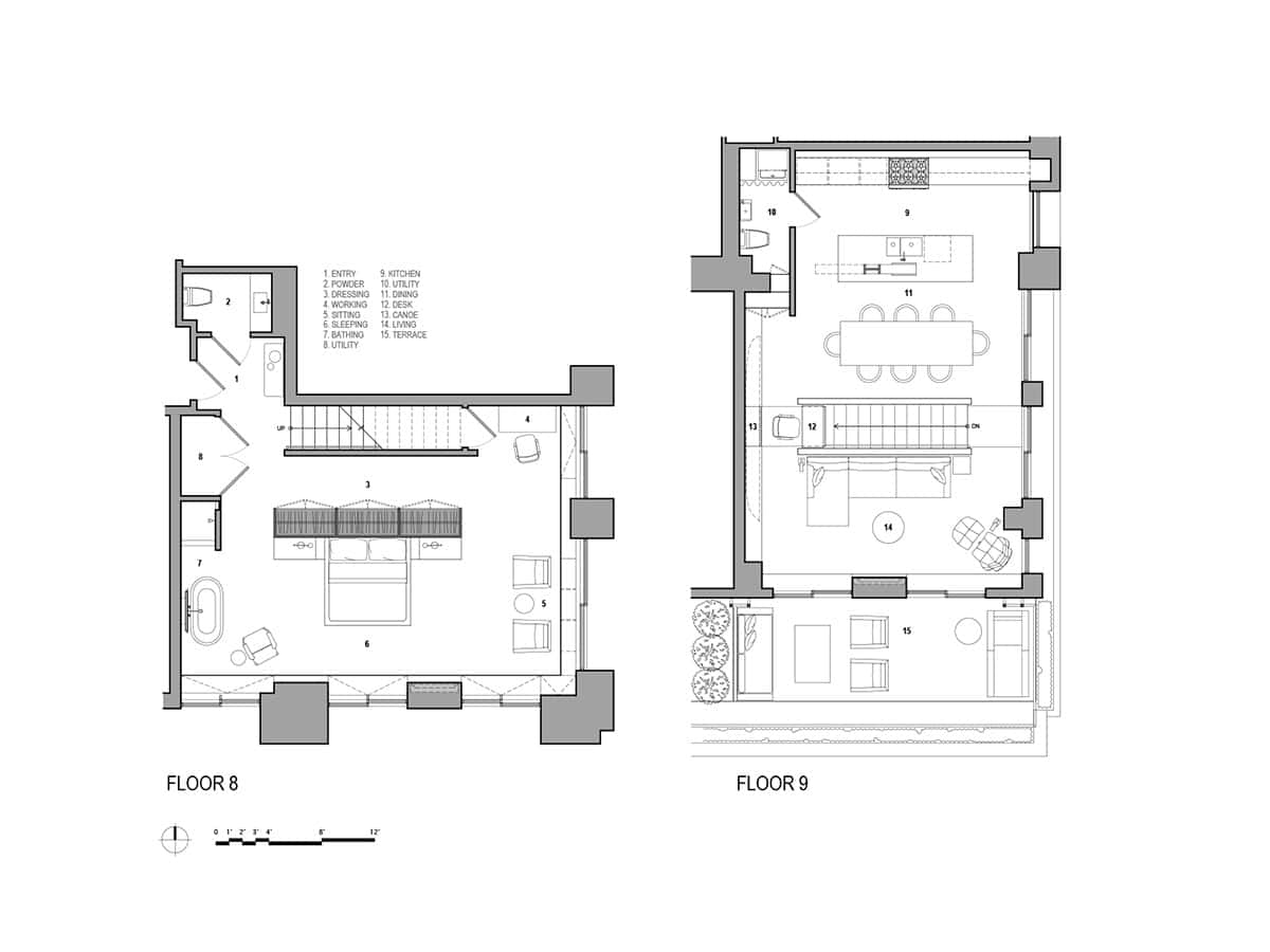 Architectural floor plans for floors 8 and 9 of the penthouse, showing the bedroom suite, bathing area, and dressing room below, and the kitchen, dining, living, and terrace above