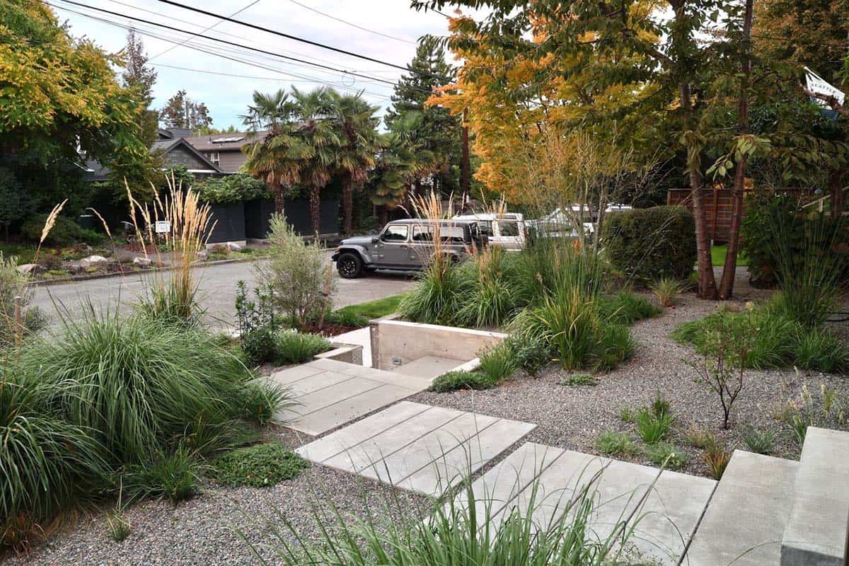 Front garden with concrete stepping stones, gravel, and native ornamental grasses in autumn