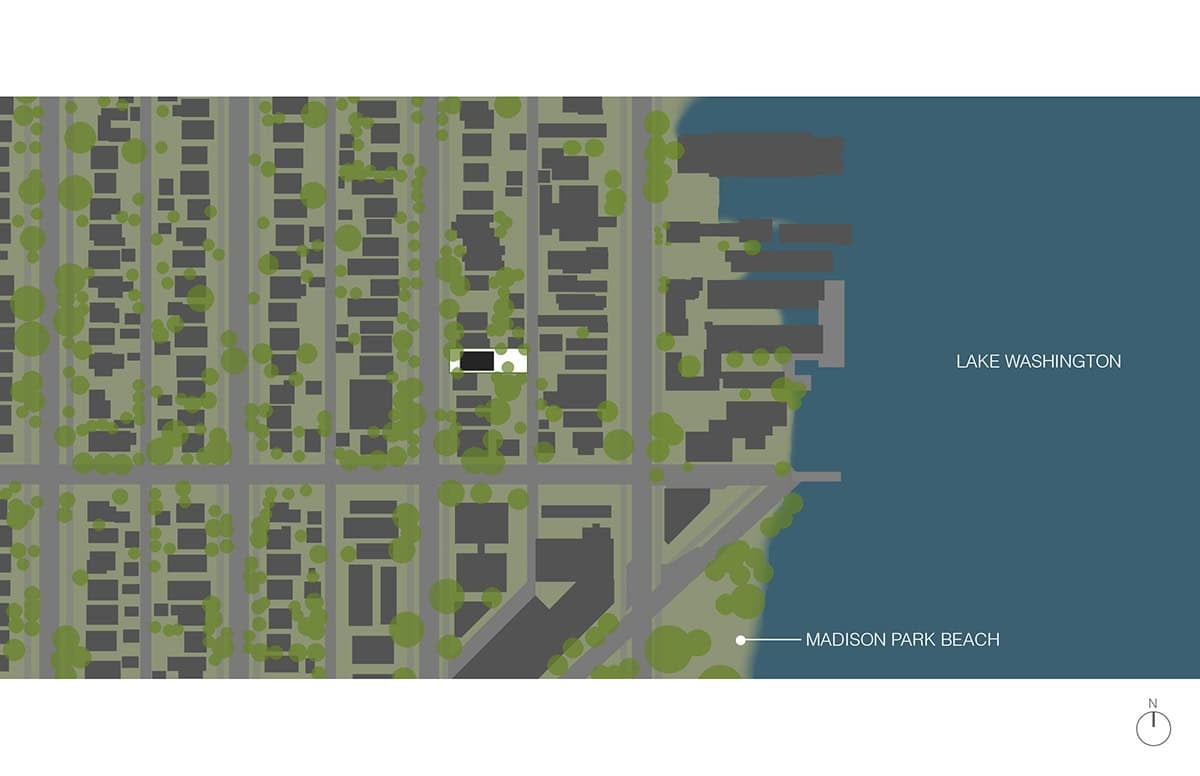 Site map showing the bungalow's location in the Madison Park neighborhood near Lake Washington