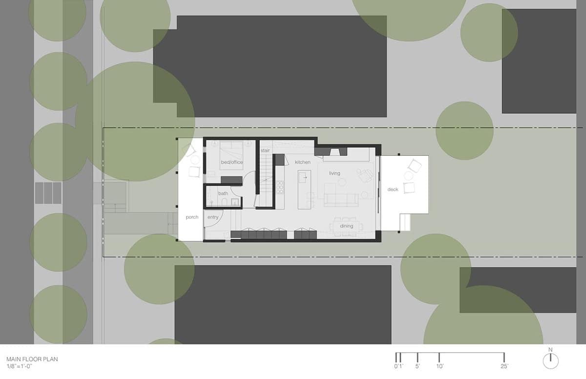 Architectural main floor plan showing porch, entry, bed/office, kitchen, living, dining, and rear deck