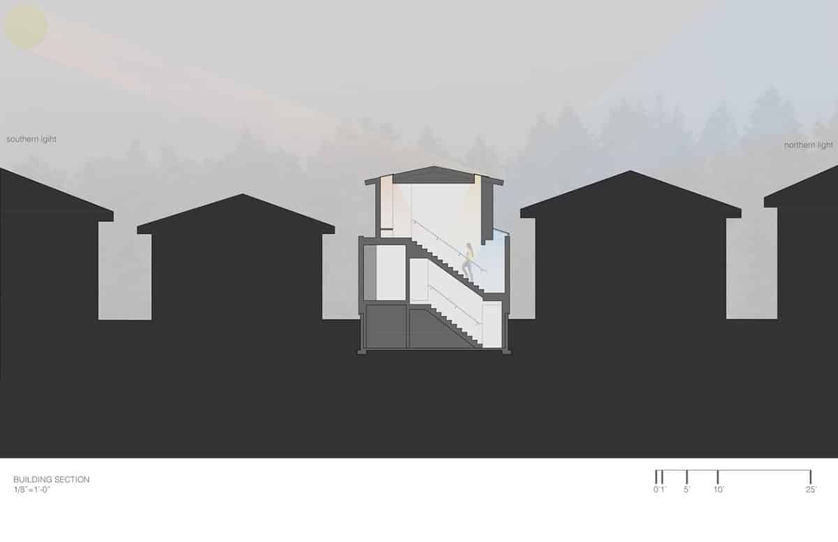 Building section drawing showing the stair, skylight, and relationship to neighboring homes