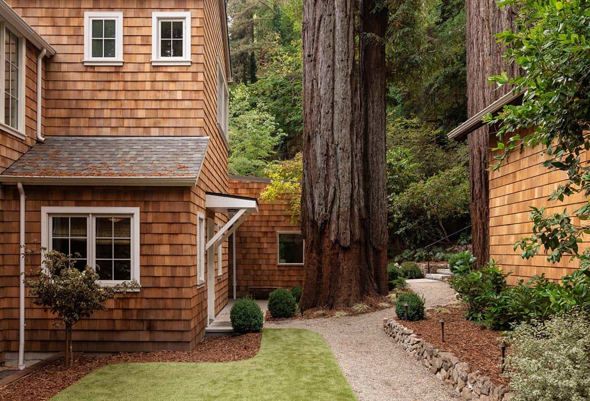 Cedar shingle home exterior with gravel path, stone edging, and towering redwoods