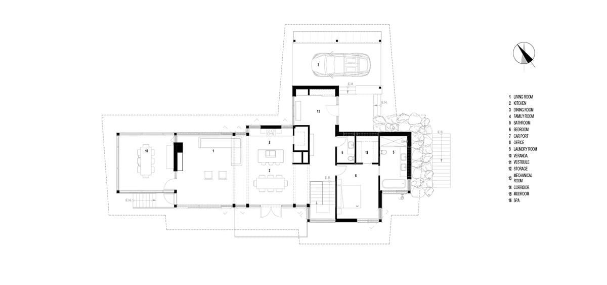 Architectural floor plan showing main level layout with living, kitchen, bedroom, and carport