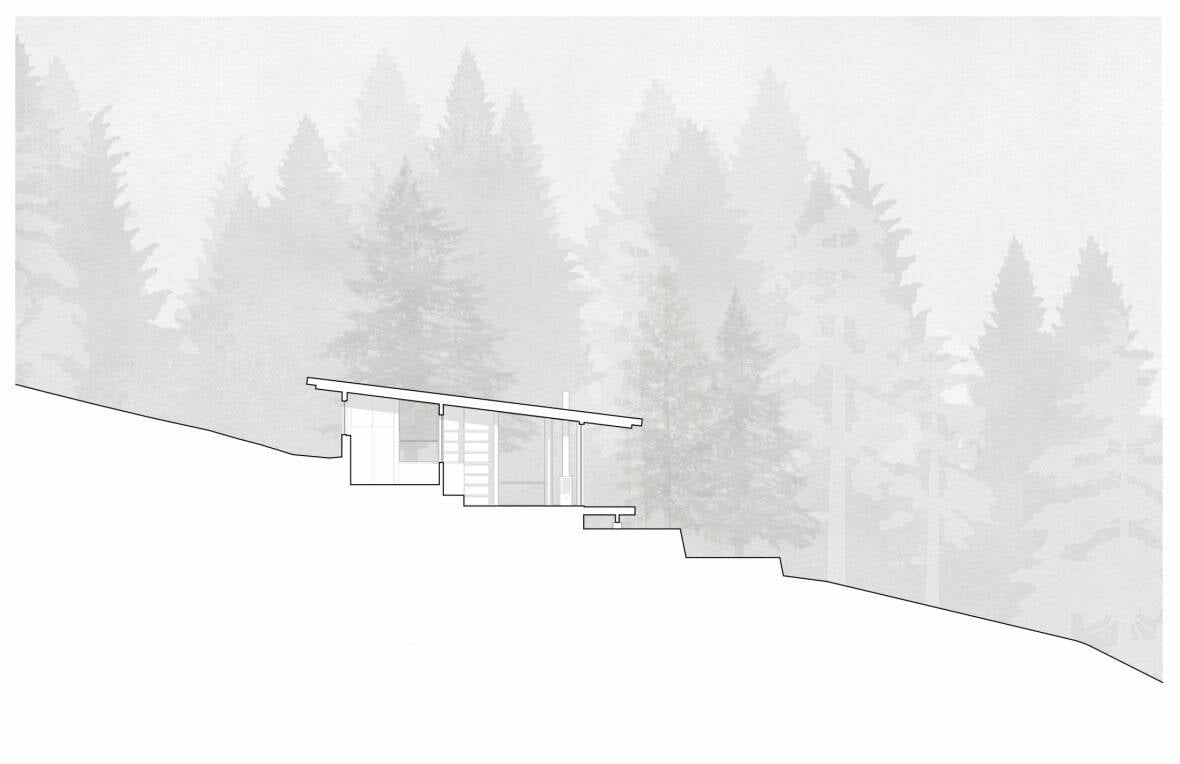 Cross-section drawing of hillside home showing stepped levels following steep slope with overhanging roofline
