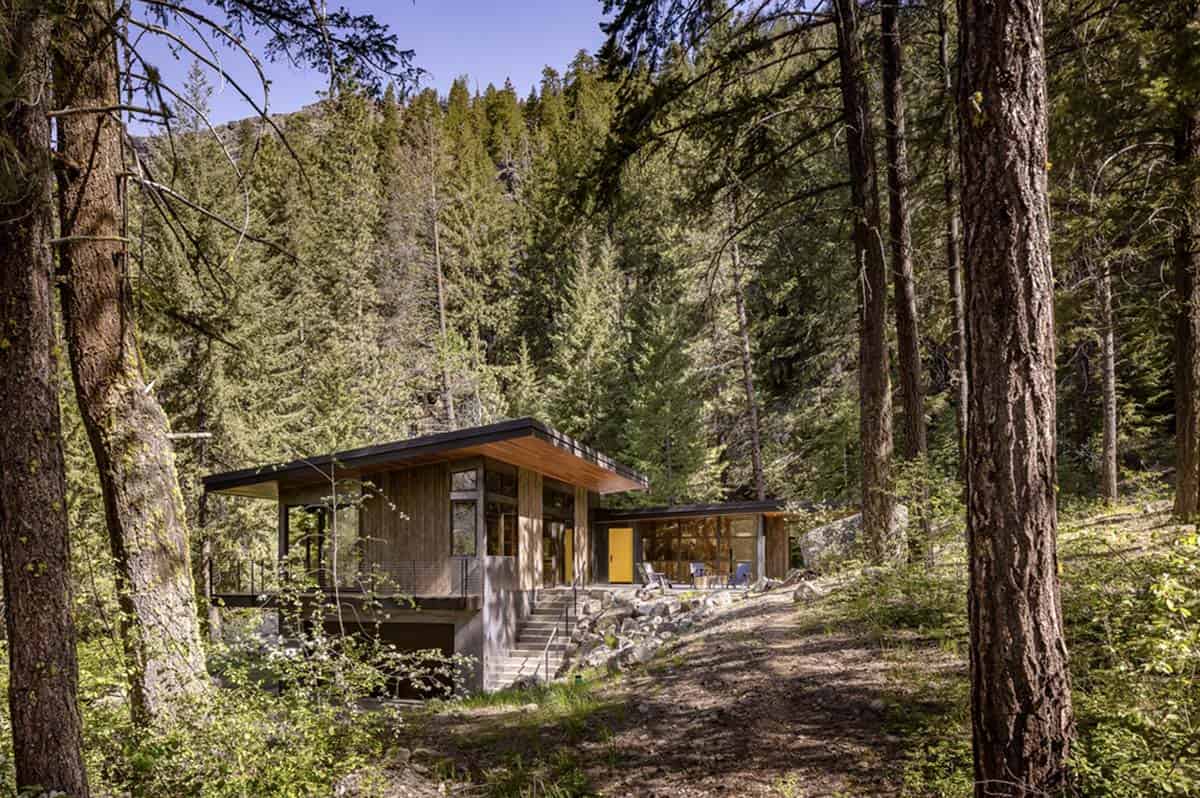 Modern hillside house nestled among tall forest trees, Washington